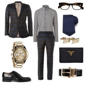 From left – right: Suit Alexandra McQueen, but a similar one can be bought from Topman for £160. Shirt £30, Topman. Glasses £11,  ASOS. Tie £17.50 , Cufflinks £25 both M&S. Watch £155, The Watch Shop. Brogue’s £99.95,  Massimo Dutti. Belt £39.50, Hawes and Curtis.